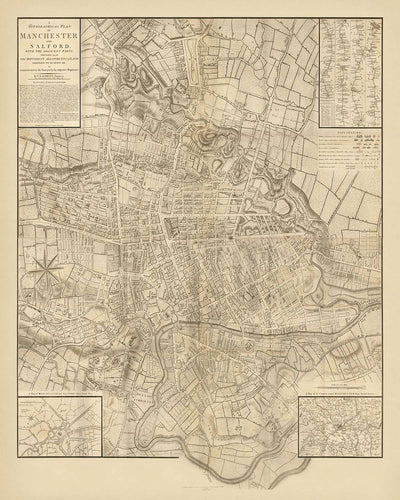 Old Map of Manchester by Laurent, 1793: Salford, Ancoats, Ardwick, River Irwell, River Medlock