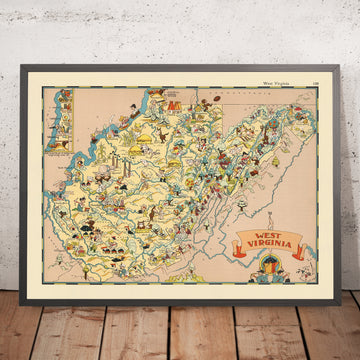 Mapa pictórico de Virginia Occidental por Ruth Taylor White, 1935: Charleston, Huntington, minería del carbón, condados, Appalachia 
