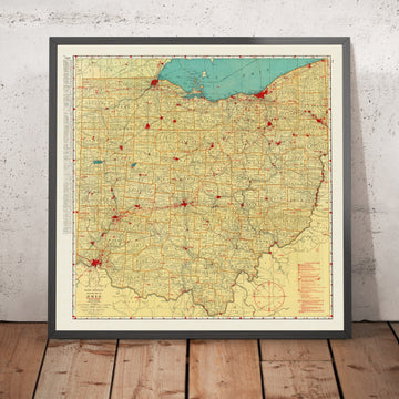 Old Aviation Map of Ohio, 1929: Columbus, Cleveland, Cincinnati, Toledo, Air Trails