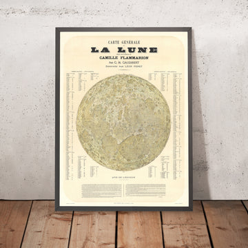 Ancienne carte de la Lune « La Lune » de Gaudibert, 1877 : index de 509 cratères, maria et rayons, héliogravure 