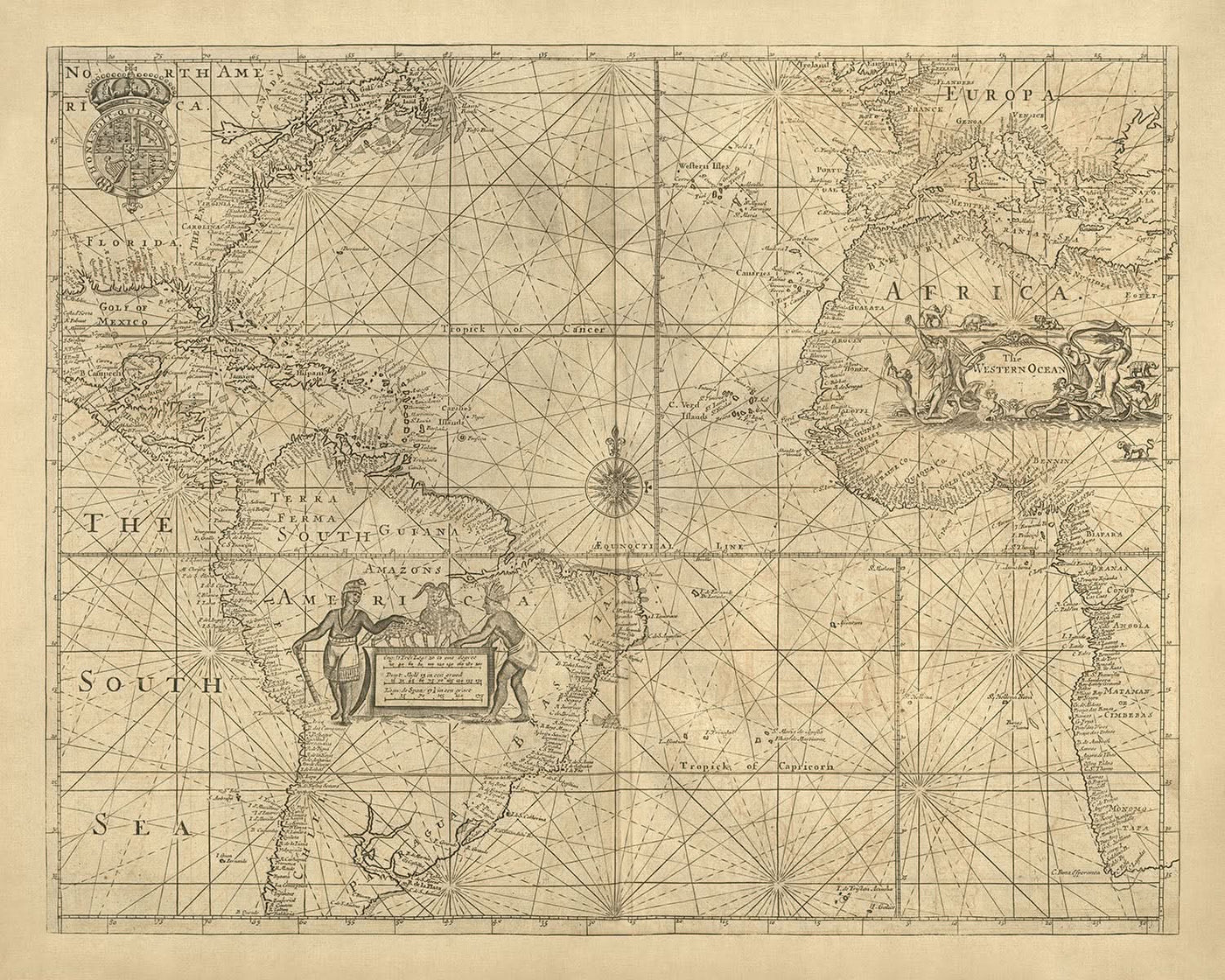 Carta náutica antigua del océano Atlántico de Mount, 1766: costas, líneas loxodrómicas y rosa de los vientos