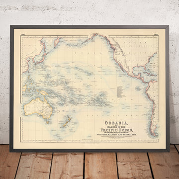 Antigua mapa del Pacífico por Fullarton, 1872: Polinesia, Australia, Nueva Zelanda, Américas 