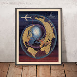 Old Airline Polar Projection World Map by SAS, 1960: Spiral Design, Global Routes
