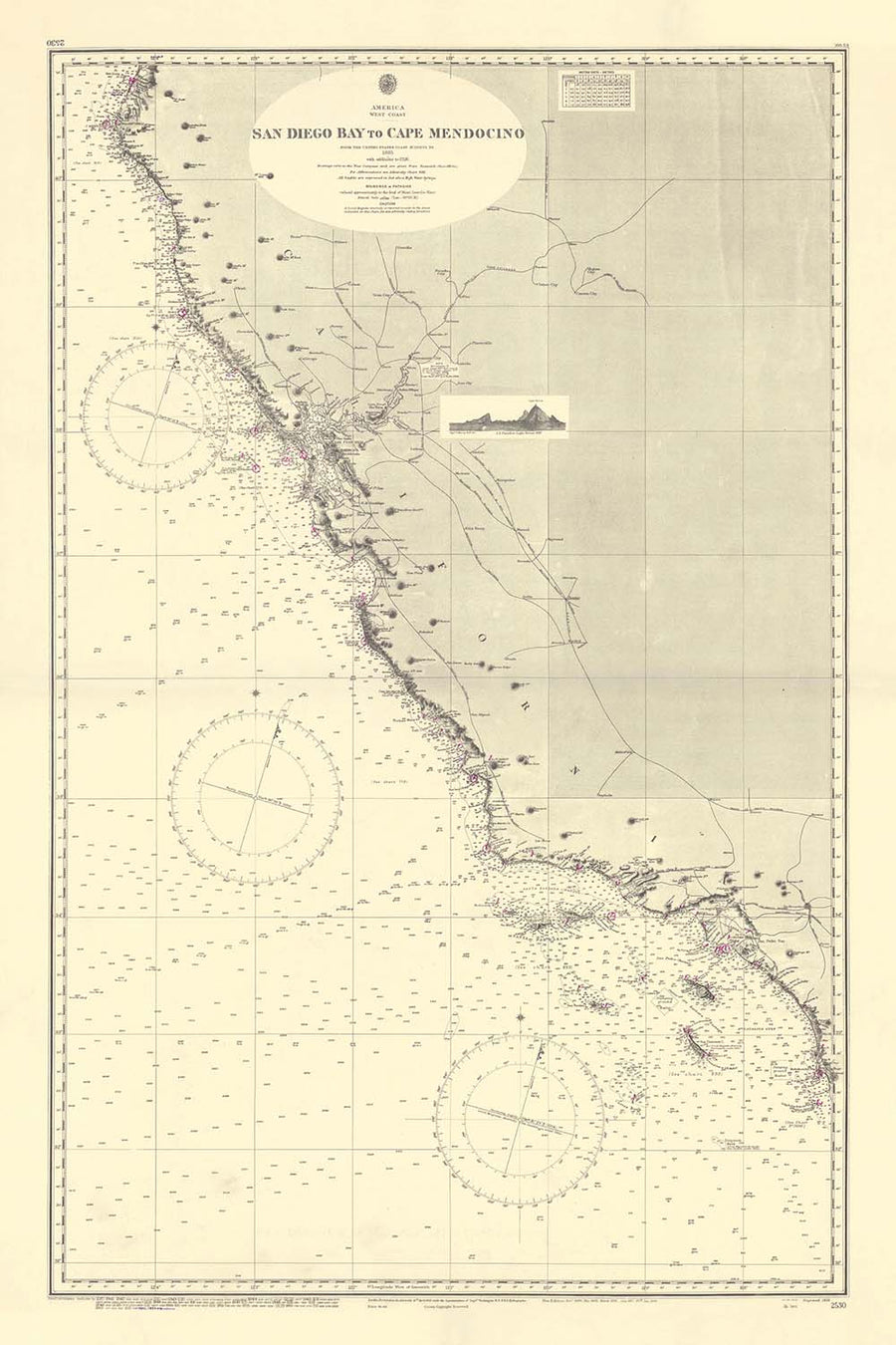 Ancienne carte côtière de Californie, 1955 : Baie de SF, Port de LA, San Diego jusqu&