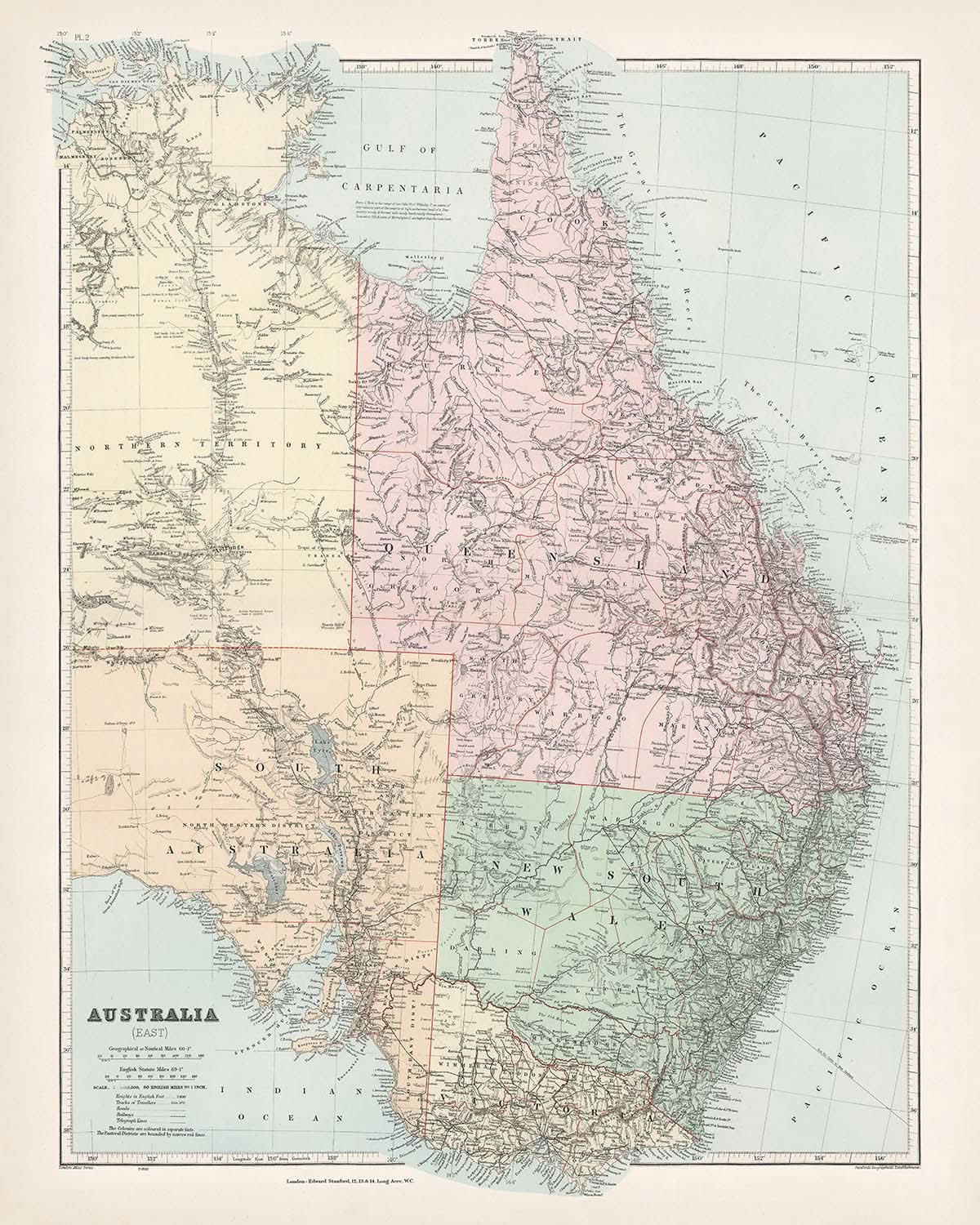 Mapa antiguo de Australia Oriental de Stanford, 1887: Sídney, Melbourne, Brisbane, Gran Cordillera Divisoria, Ferrocarriles