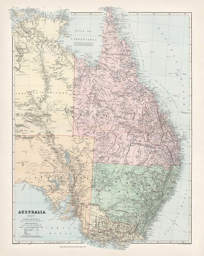 Alte Karte von Ost-Australien von Stanford, 1887: Sydney, Melbourne, Brisbane, Great Dividing Range, Eisenbahnen 