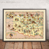 Bildkarte von Oklahoma von Ruth Taylor White, 1935: Oklahoma City, Tulsa, Ölfelder, Motive der Ureinwohner, Staubschüssel-Ära 