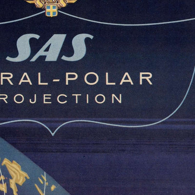 Mapa del Viejo Mundo con proyección polar de aerolíneas, realizado por SAS, 1960: diseño en espiral, rutas globales, era de la aviación.