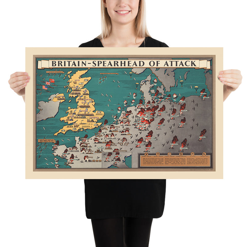 Alte bildliche Militärkarte von Großbritannien im Zweiten Weltkrieg von Blake, 1944: Ärmelkanal, alliierte Offensiven 