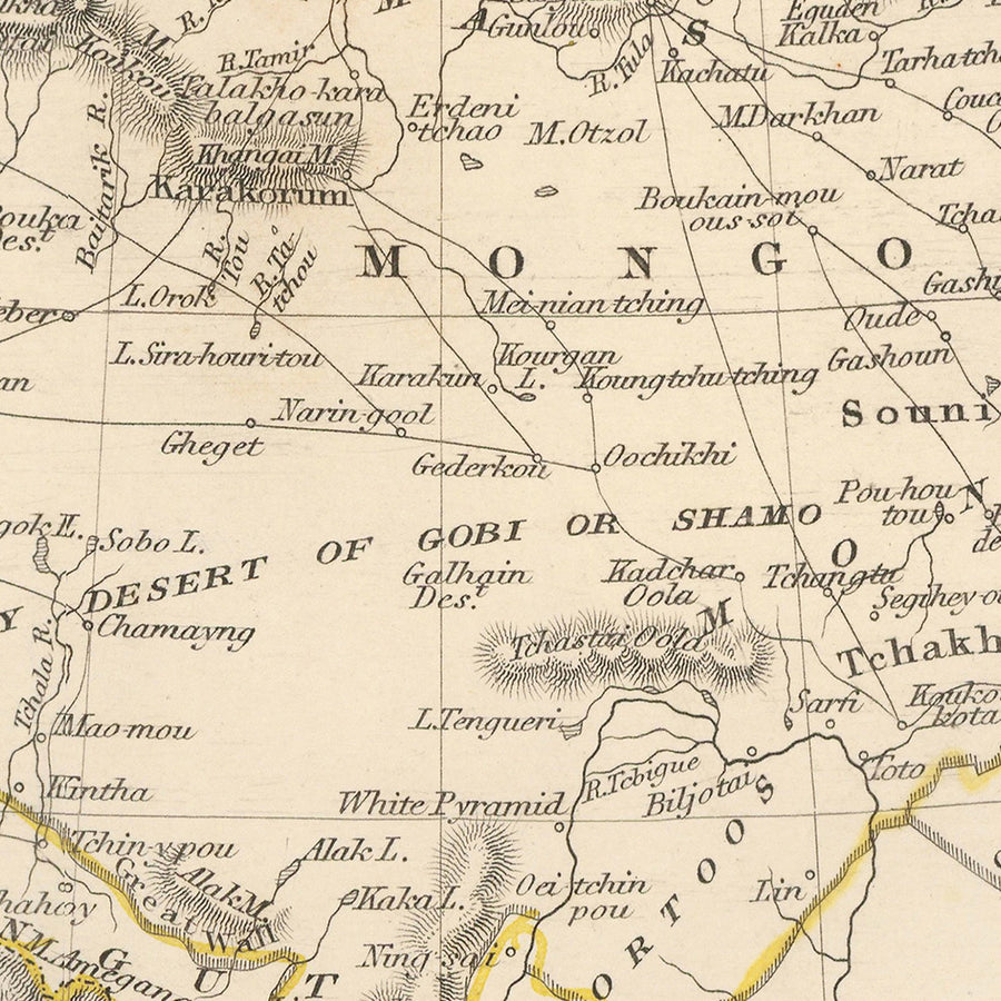 Ancienne carte du Tibet, de la Mongolie et de la Mandchourie par Tallis, 1851 : Lhassa, Pékin, Grande Muraille, Himalaya, Dalaï Lama 