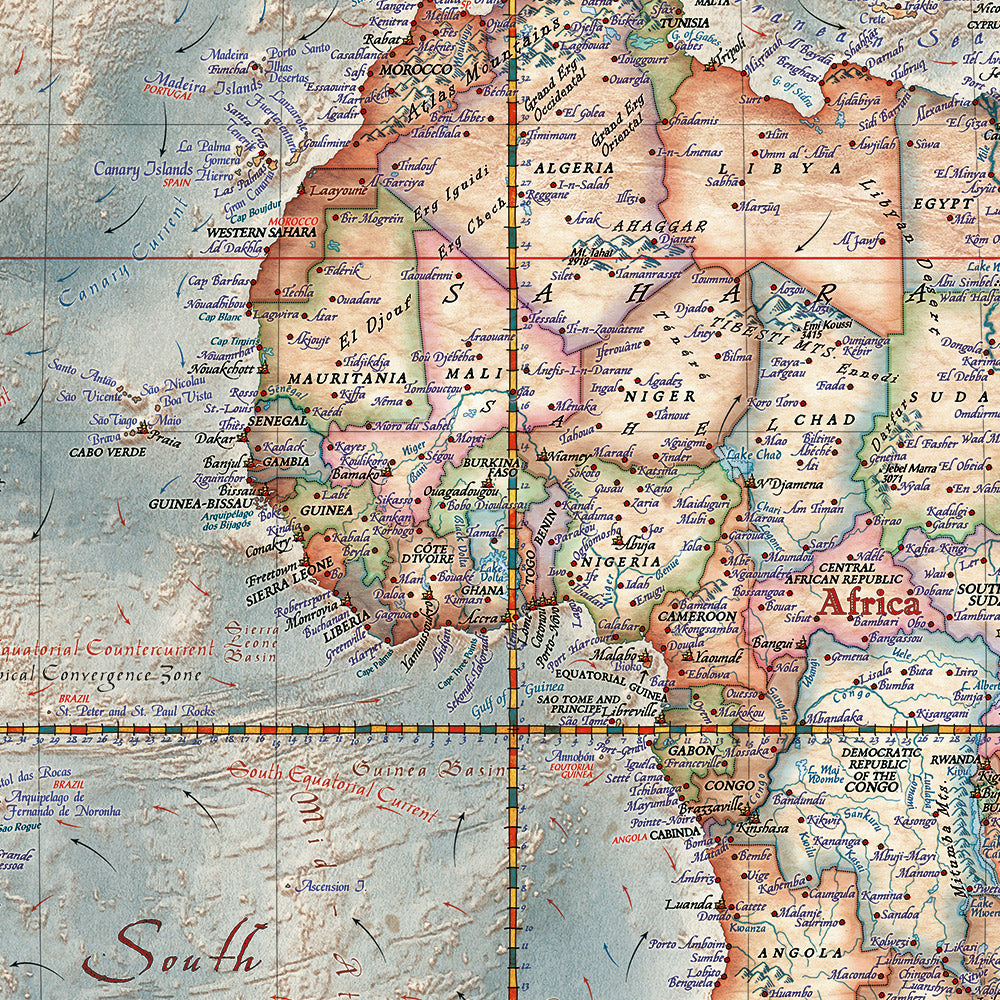 Carte du monde exécutive par Ray&Co, 2025 : Relief océanique 3D, esthétique vintage, chaque drapeau 