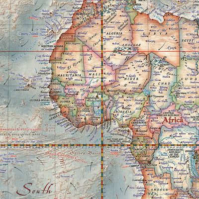 Carte du monde exécutive par Ray&Co, 2025 : Relief océanique 3D, esthétique vintage, chaque drapeau 