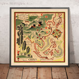 Ancienne carte picturale de la Chine par Mazuyer, 1931 : Shanghai, Dragons, Golfe de Bengale, Indochine 