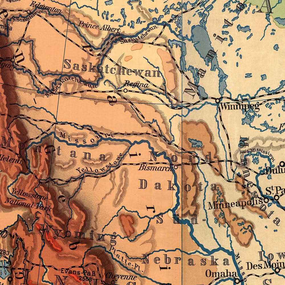 Mapa antiguo de América del Norte de Haack, 1950: topografía, hidrografía, diseño educativo