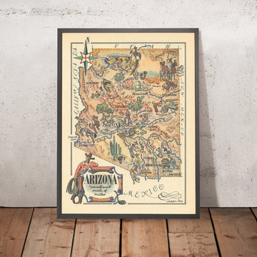 Old Pictorial Map of Arizona by Liozu, 1946: Phoenix, Tucson, Grand Canyon, Petrified Forest, Tombstone
