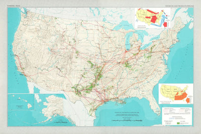 Ancienne carte des États-Unis, 1966 : pipelines, New York, Louisiane, Rocheuses, Grands Lacs