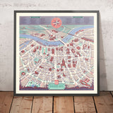 Ancienne carte de Bordeaux, 1950 : Place de la Comédie, Quinconces, Grand Théâtre, Pont de Pierre, Parc Bordelais 