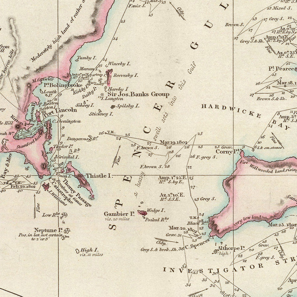 Old South Australia Nautical Chart by Arrowsmith, 1844: Adelaide, Gulf of St. Vincent, Nepean Bay