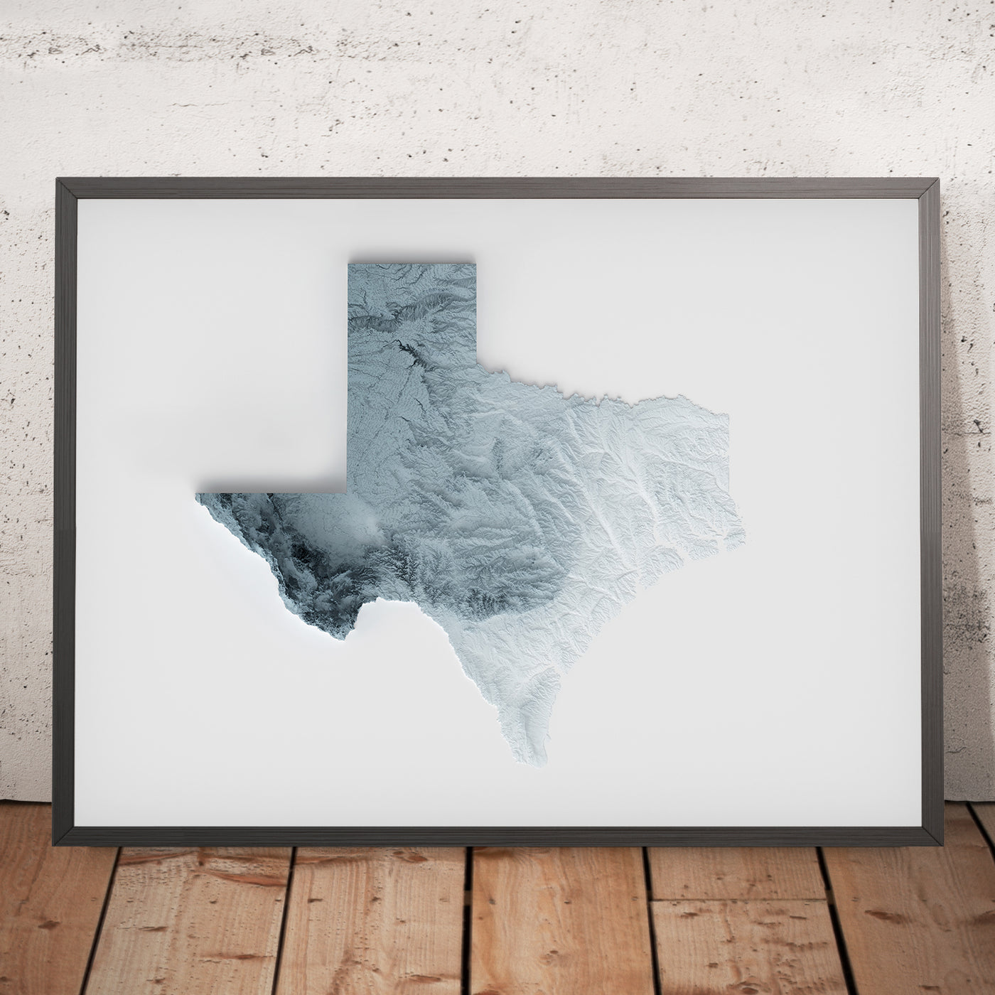 A framed image of a 3D style topographic relief map ofTexas