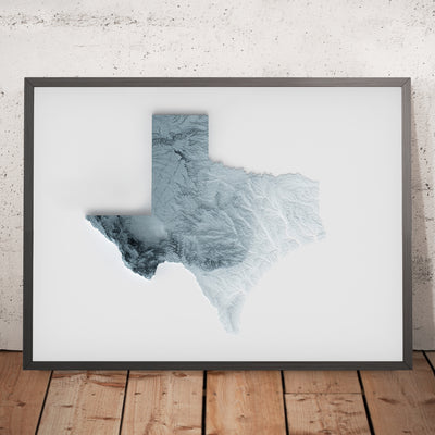 A framed image of a 3D style topographic relief map ofTexas