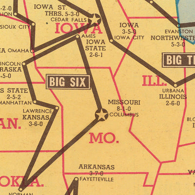 Old Map of US College Football by Sundberg, 1942: Major Teams, Conferences, WW2 Era