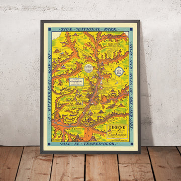 Antica mappa illustrata del Parco Nazionale di Zion di Lindgren, 1939: Angels Landing, Watchman, Sinawava, Grafton, West Temple 