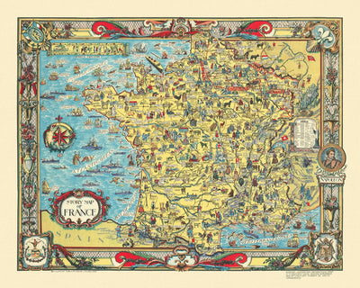 Carte ancienne de la France, 1936 : Paris, Marseille, Lyon, Océan Atlantique, Châteaux