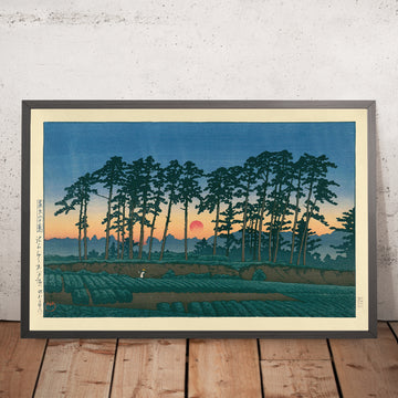 Ein gerahmtes Bild von „Sunset at Ichinokura, Ikegami“ von Hasui Kawase, 1935