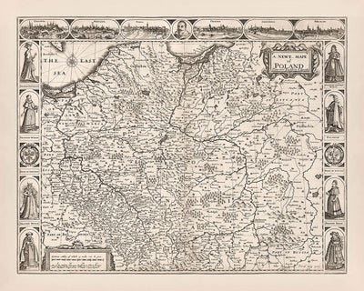 Mapa antiguo de Polonia de Speed, 1676: Varsovia, Cracovia, Gdansk, Mar del Este, Montañas