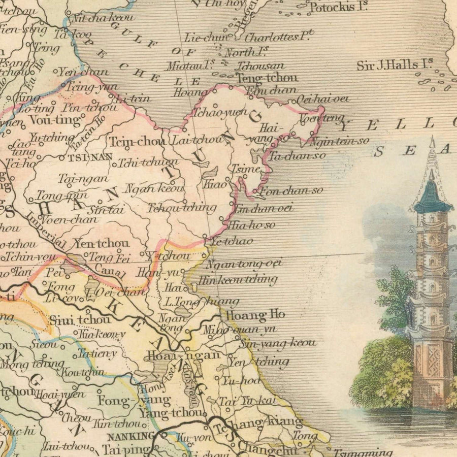 Vieille carte de la Chine et de la Birmanie par Tallis, 1851 : Taïwan, Myanmar, Hong Kong, Grande Muraille, Canton, Yangtsé, Lhassa 
