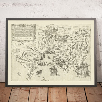 Vecchia mappa militare della conquista di Tunisi di Zaltieri, 1566: La Goletta, Borgo Rabat, rovine di Cartagine 