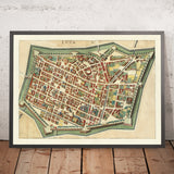 Ancienne carte de la ville de Lucques, Toscane, par Merian, 1638 : remparts et fossé ; Piazza Anfiteatro ; cathédrale ; Palazzo Pfanner ; Via Larga 