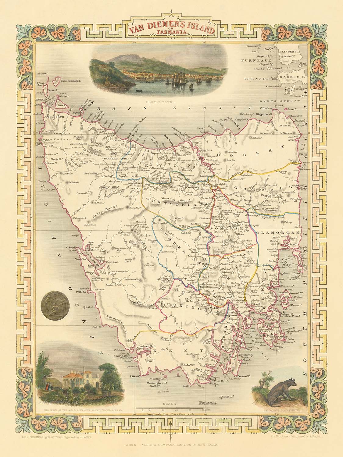Old Map of Tasmania by Tallis, 1851: Van Diemen's Land, Hobart, Launceston, Bass Strait, Ben Lomond, Cape Grim