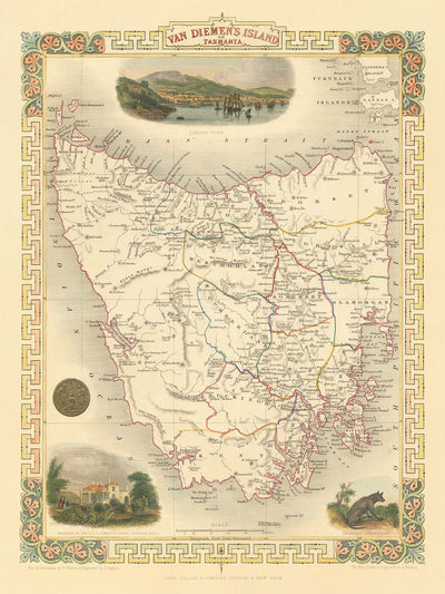 Old Map of Tasmania by Tallis, 1851: Van Diemen's Land, Hobart, Launceston, Bass Strait, Ben Lomond, Cape Grim