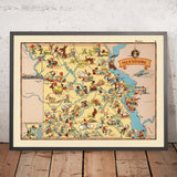 Bildkarte von Missouri von Ruth Taylor White, 1935: St. Louis, Kansas City, Ozarks, Mississippi- und Missouri-Flüsse, Jefferson City 