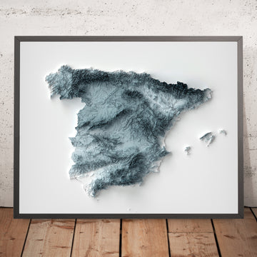 Ein gerahmtes Bild einer topografischen Reliefkarte von Spanien im 3D-Stil
