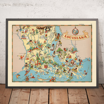 Mappa Pittorica della Louisiana di Ruth Taylor White, 1935: New Orleans, Baton Rouge, Jazz, Bayou, Mardi Gras 