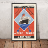 Cartel de viaje de Francia: Rapidité Confort, Transbordo directo de Compagnie Générale Transatlantique y Chemins de fer PLM, 1930 