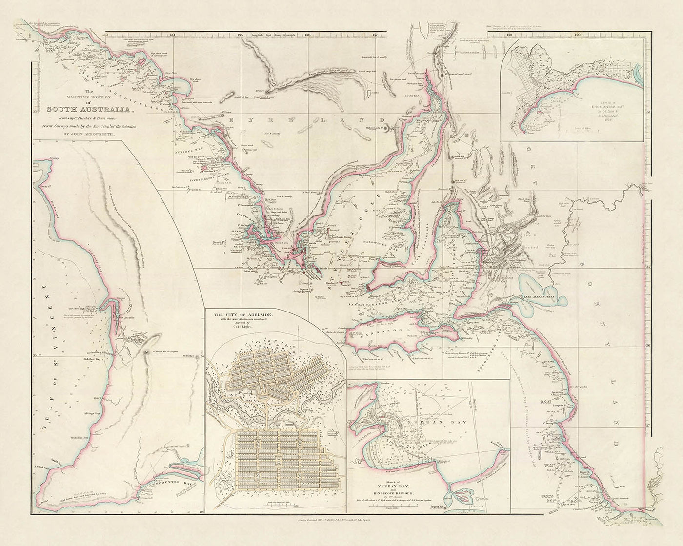 Old South Australia Nautical Chart by Arrowsmith, 1844: Adelaide, Gulf of St. Vincent, Nepean Bay