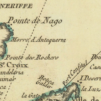 Mapa antiguo de las Islas Canarias de Bellin, 1764: Las Palmas, Santa Cruz, montañas, elementos náuticos, cartela