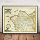 Ancienne carte de Galice, Espagne par Blaeu, 1640 : Saint-Jacques, La Corogne, Vigo, Neptune, Monstre marin 