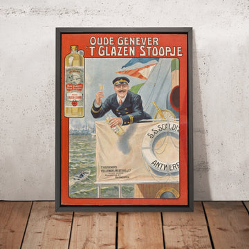 A framed image of ‘t Glazen Stoopje Vintage Genever Poster, 1910
