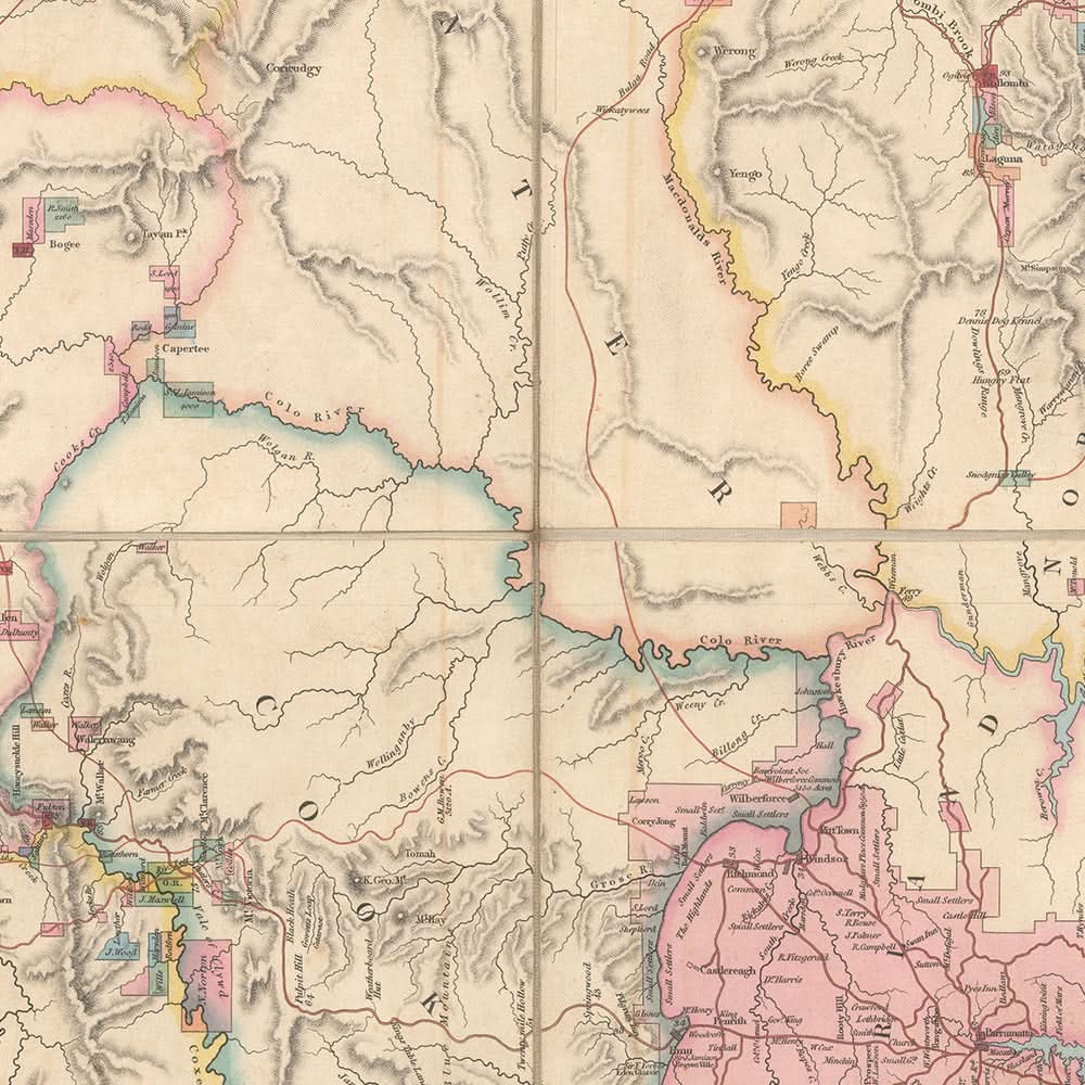 Mapa antiguo de Nueva Gales del Sur de Dixon, 1837: Sídney, Newcastle, Wollongong, ríos, condados