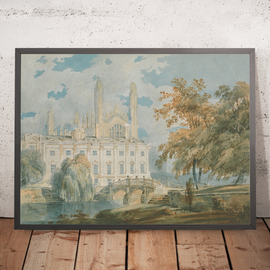 A framed image of Clare Hall and King’s College Chapel, Cambridge, from the Banks of the River Cam by Turner, 1793