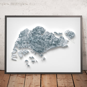 A framed image of a 3D style topographic relief map ofSingapore