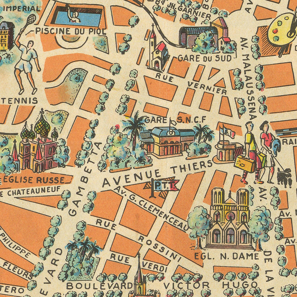 Old Pictorial Map of Nice by Poisson, 1950: Promenade des Anglais, Victorine Studios, Castle, Notre Dame, Baie des Anges