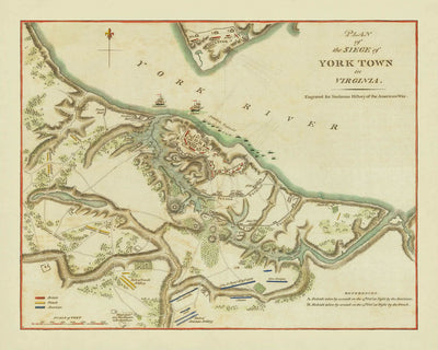 Antiguo mapa militar del asedio de Yorktown por Stedman, 1793: Yorktown, Gloucester, reductos 9 y 10, flota francesa, Washington