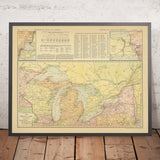 Mapa antiguo de transporte de los Grandes Lagos de EE. UU. y Ontario, 1917: Chicago, Detroit, Toronto, Cleveland, Canal de Welland 
