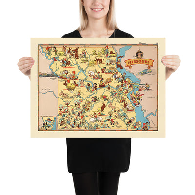 Pictorial Map of Missouri by Ruth Taylor White, 1935: St. Louis, Kansas City, Ozarks, Mississippi & Missouri Rivers, Jefferson City