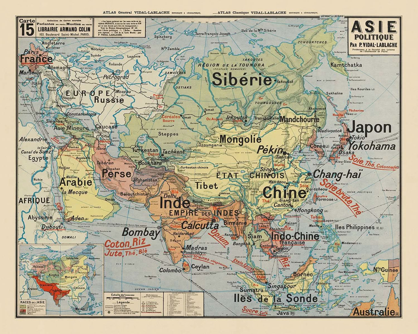 Mapa antiguo de Asia de Vidal de La Blache, 1921: fronteras políticas, diseño educativo, influencia colonial